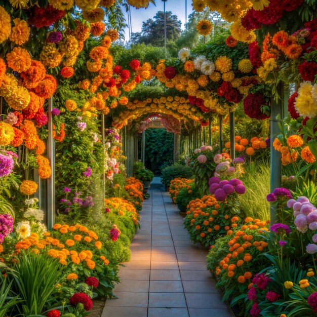 Photo enchanting floral pathway with vibrant flower beds and sunlit archway