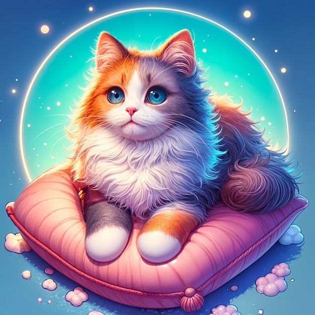 Enchanting Fluffy Cat with Bright Blue Eyes Seated on a Cushion