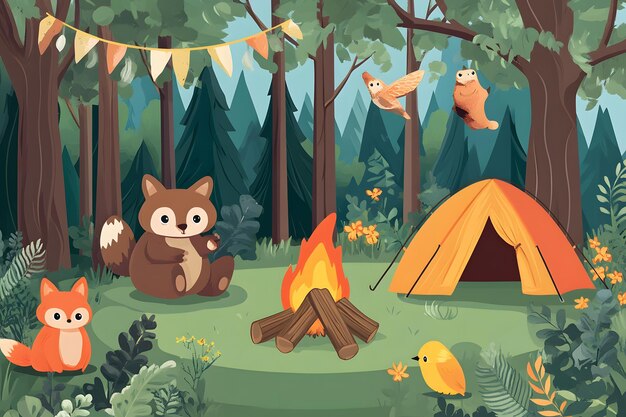 Photo enchanting forest campsite with tents campfires and wildlife