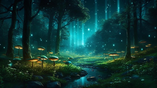 Enchanting Forest Delights Discover the Diverse World of Mushrooms by the Stream Generative AI