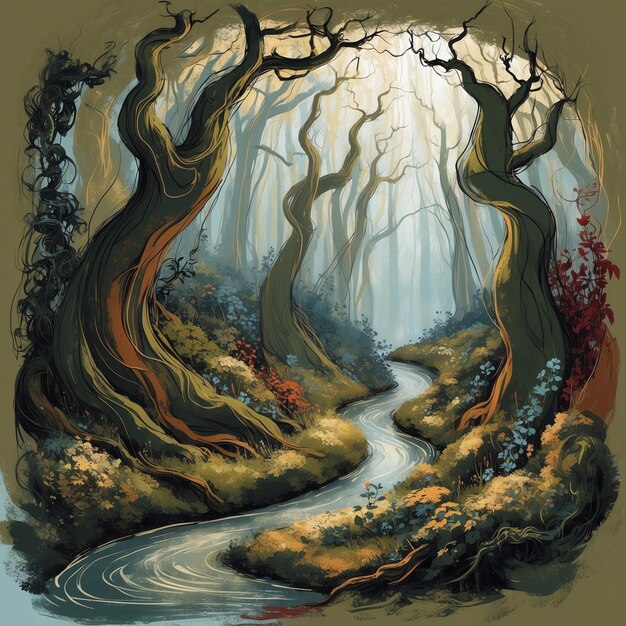 Photo enchanting forest drawing illustrations