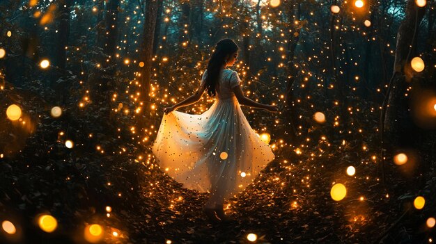 Photo enchanting forest dreamscape woman in flowing dress surrounded by magical lights