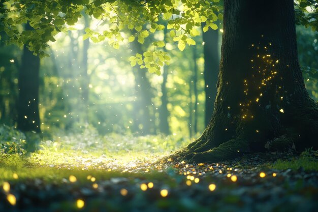 Photo enchanting forest glade filled with glowing fireflies during a tranquil evening in summer