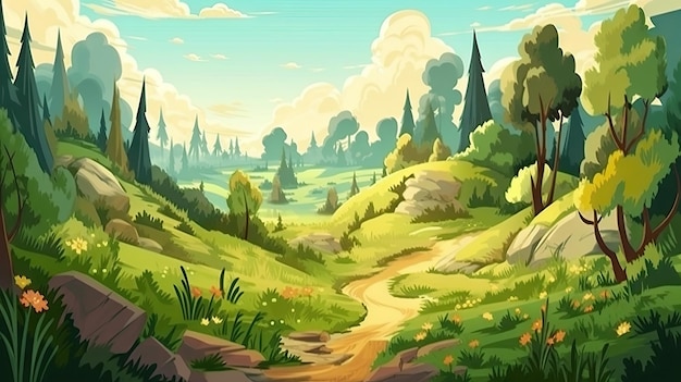 Enchanting Forest Meadow Cartoon Illustration for Children's Books and Posters Generative AI