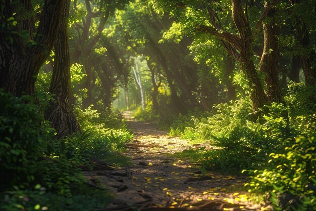 Enchanting forest path dappled with sunlight