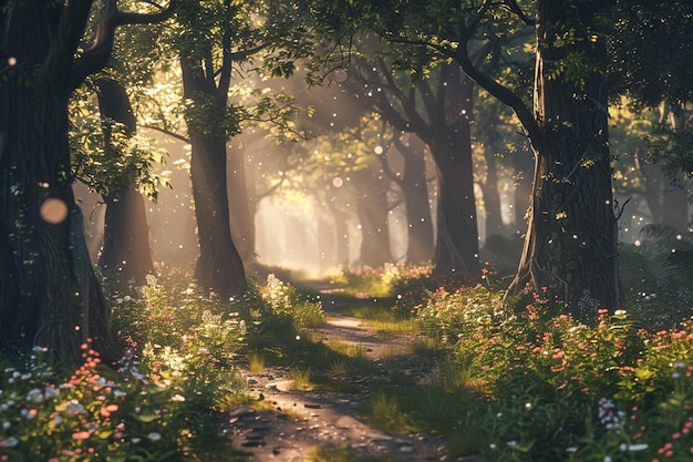 Enchanting forest path dappled with sunlight