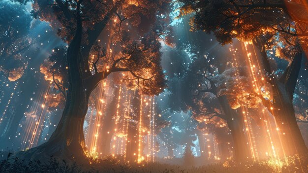 Photo enchanting forest scene illuminated by glowing lights creating a mystical atmosphere with towering trees and a dreamlike ambiance