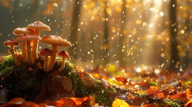 Photo enchanting forest scene with mushrooms and sunlight filtering through autumn leaves