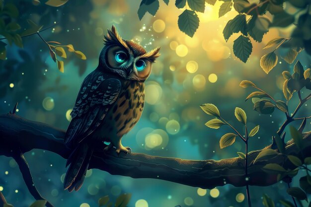 Photo enchanting forest scene with owl on tree branch