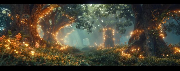 Photo enchanting forest with greenery and tall trees in the early morning light is serene and mystical aig