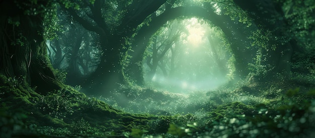 Enchanting Forest with Sunlight Filtering Through Lush Green Canopy and Mystical Atmosphere