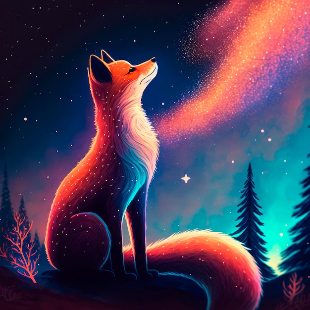 Enchanting Fox Gazing at Night Sky Witnessing a Pink and Violet Aurora Borealis Generative Ai