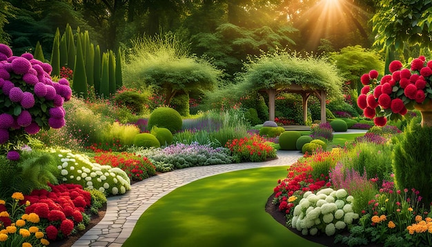 Enchanting garden with a variety of colorful blooms and greenery