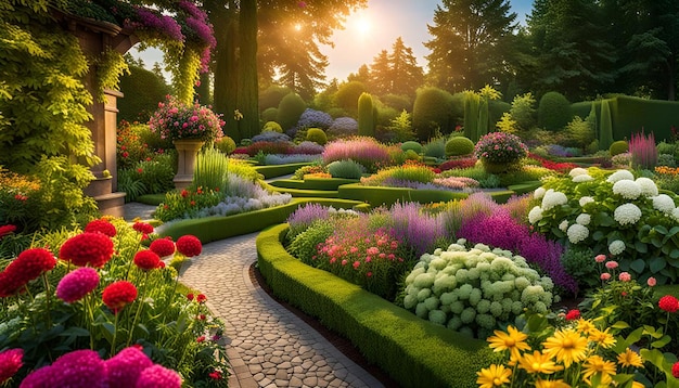 Enchanting garden with a variety of colorful blooms and greenery