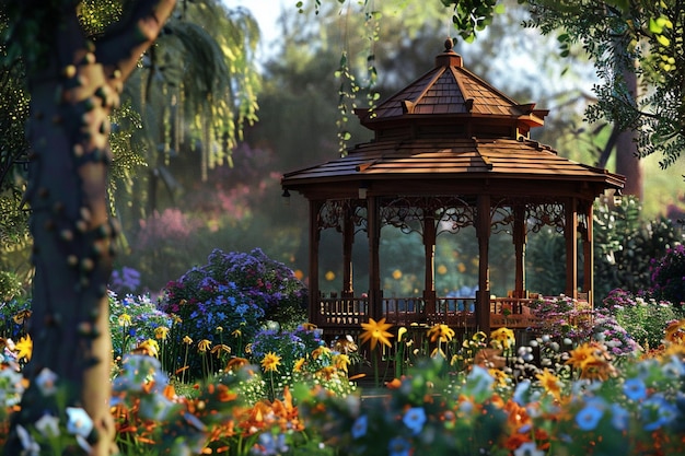 Enchanting gazebo nestled in a flower garden