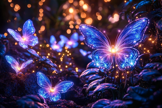 Photo enchanting glow butterflies in a magical forest