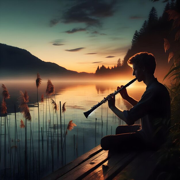 Photo in the enchanting glow of twilight by the tranquil shores of a lake a solo clarinetist serenades th