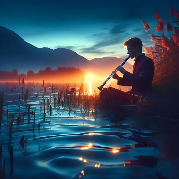 Photo in the enchanting glow of twilight by the tranquil shores of a lake a solo clarinetist serenades th