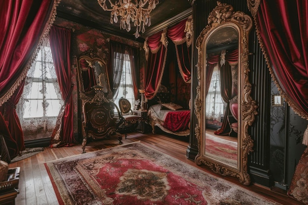 Enchanting Gothic boudoir adorned with velvet drapes ornate mirrors and delicate lace