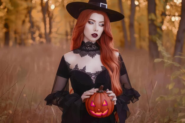 Photo enchanting halloween costume gothic woman witch with pale skin and red hair in black dress holding