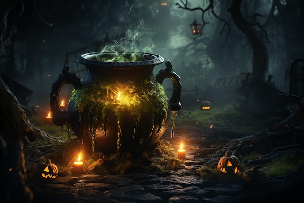 Enchanting Halloween Night A Mysterious Cauldron's Glow Created with Generative AI