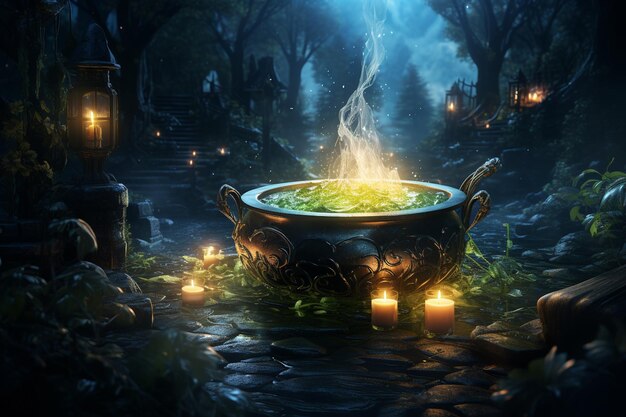 Enchanting Halloween Night A Mysterious Cauldron's Glow Created with Generative AI