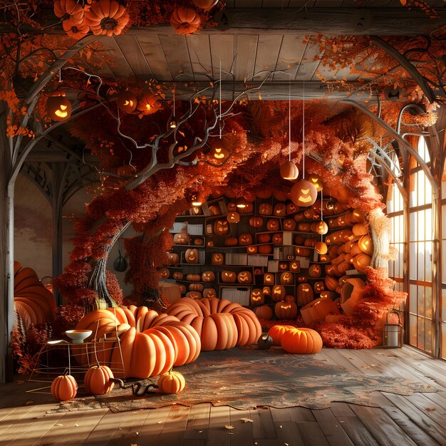 Photo enchanting halloween pumpkin room with cozy autumn decor