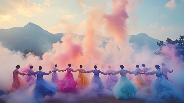 Photo enchanting hanbok dance amidst dreamy colorful smoke