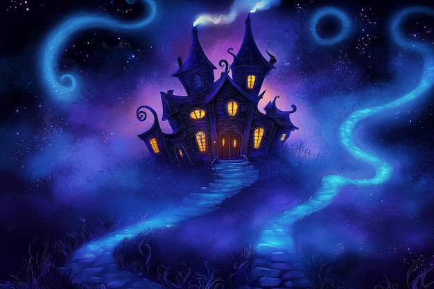 Enchanting Haunted House with Glowing Path in a Starry Night