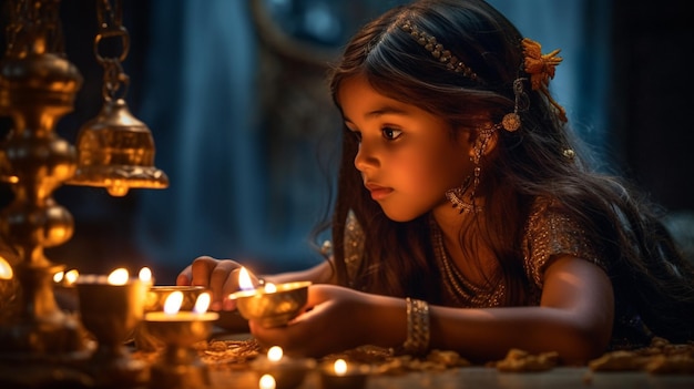 An enchanting image of a girl lighting a diya a traditional Indian lamp during the festival of lig