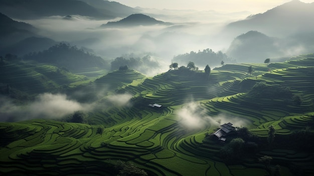 An enchanting image of mist rolling over emeraldgreen rice terraces in the Far East creating a sen