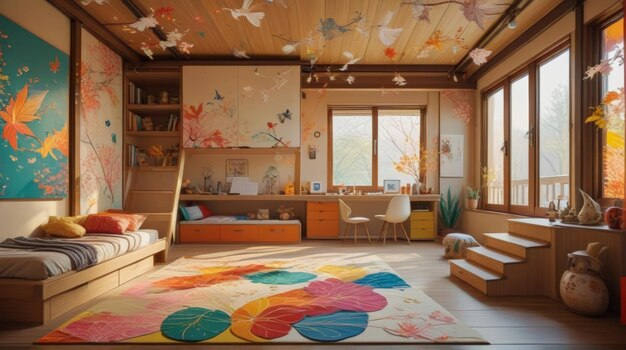 Enchanting JapaneseStyle Kids Bedroom Loft Bed Tatami Mats and Dynamic Art