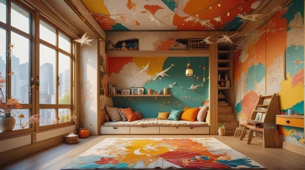 Enchanting JapaneseStyle Kids Bedroom Loft Bed Tatami Mats and Dynamic Art