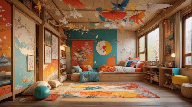 Enchanting JapaneseStyle Kids Bedroom Loft Bed Tatami Mats and Dynamic Art