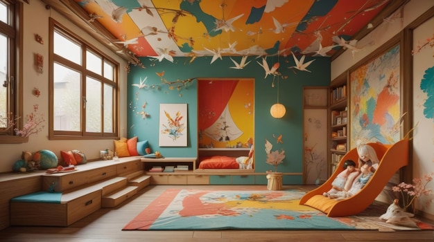 Enchanting JapaneseStyle Kids Bedroom Loft Bed Tatami Mats and Dynamic Art