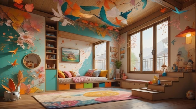 Enchanting JapaneseStyle Kids Bedroom Loft Bed Tatami Mats and Dynamic Art