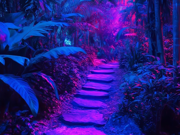 Photo enchanting jungle pathway illuminated by blue and purple neon lights in a magical forest