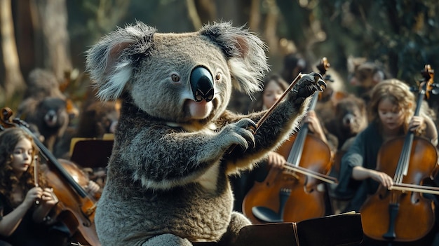 Photo enchanting koala conducts an orchestra of forest animals in hyperrealistic detail