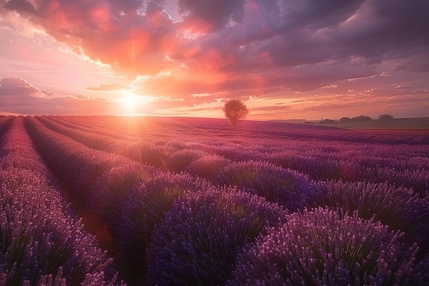 Photo enchanting lavender fields at sunset in the countryside