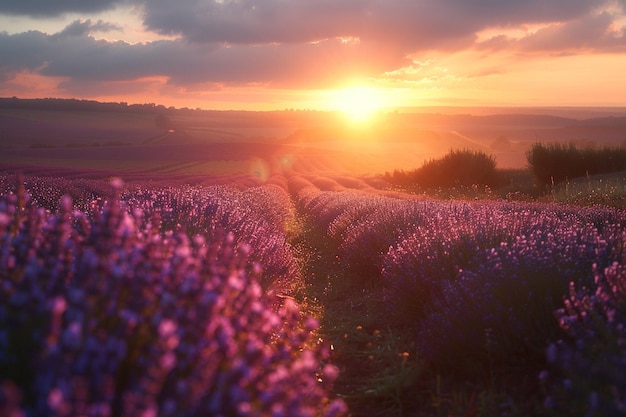 Photo enchanting lavender fields at sunset