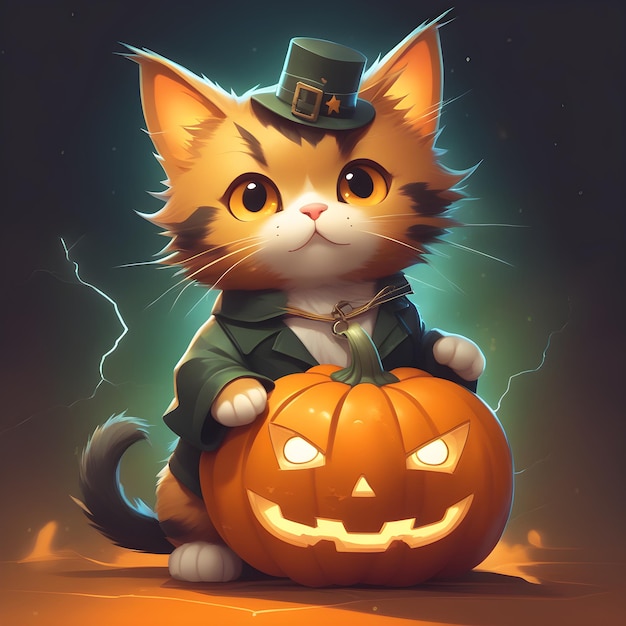 an enchanting little halloween kitty wiht a carved halloween pumpkin