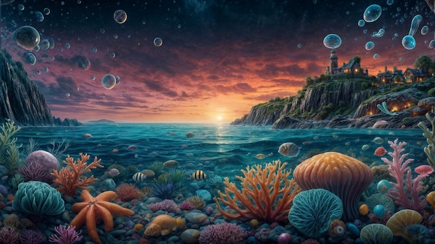 An enchanting marine landscape with a vibrant coral reef floating celestial bodies in the twilight s