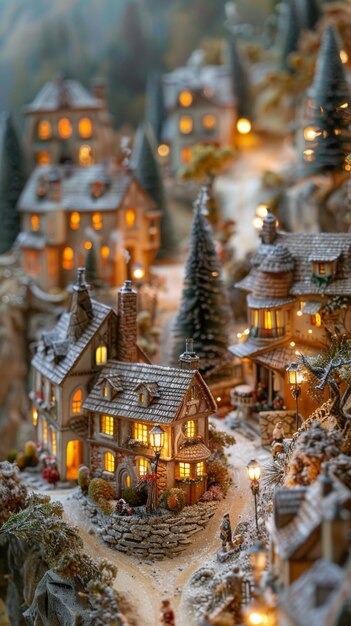 Photo enchanting miniature christmas village with snowcovered houses glowing with warm lights cozy winter wonderland scene perfect for holiday greetings or festive backgrounds