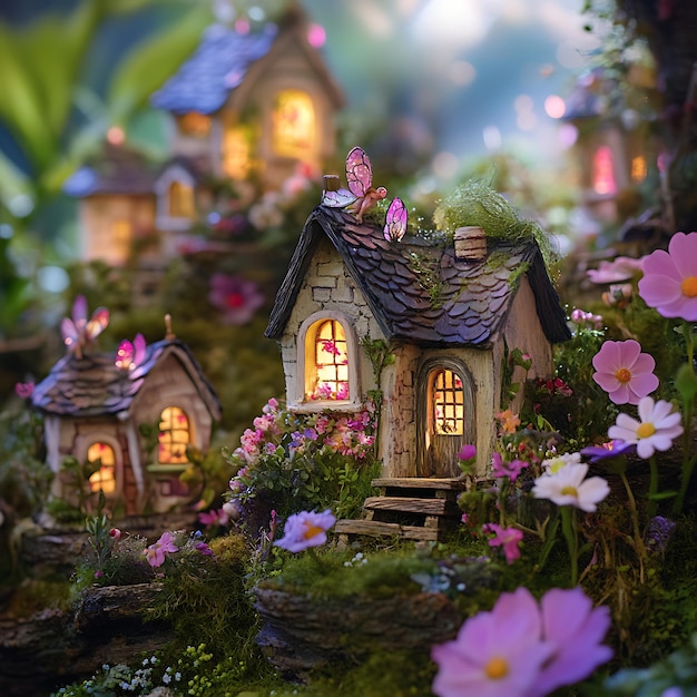 Photo enchanting miniature fairy village with flowers and lights