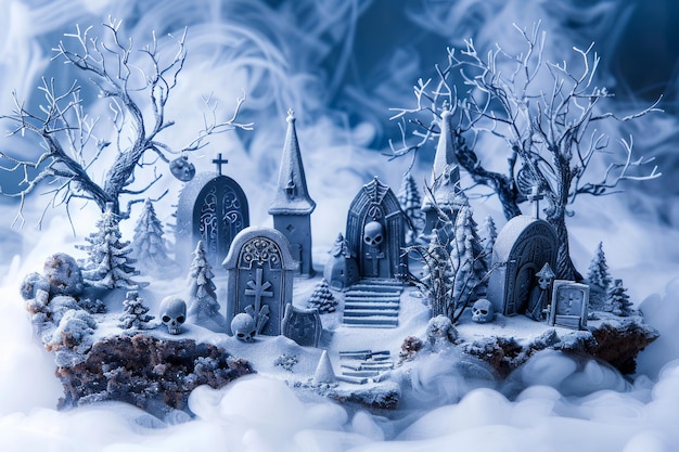 Photo enchanting miniature snowy winter scene with trees church and graveyard magical christmas village