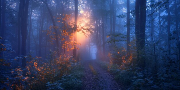 Enchanting Misty Forest Path at Dawn with Ethereal Light