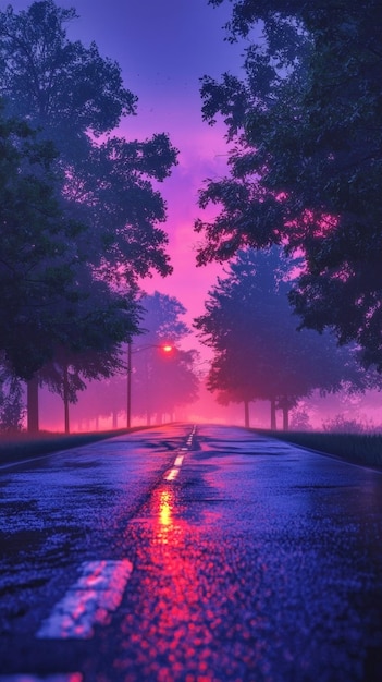 Enchanting Misty Road at Vibrant Sunrise or Sunset Amidst Lush Forest Landscape