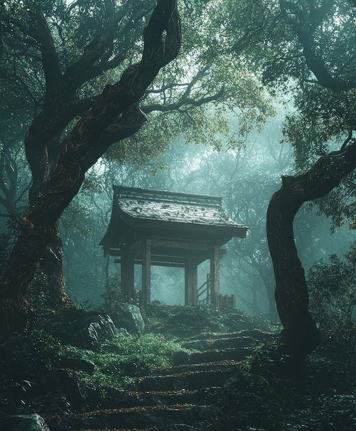 Enchanting Misty Woodland Temple Staircase Nestled in Verdant Foliage