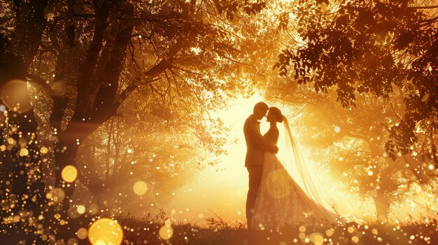 Enchanting Moment Bride and Groom Embrace under Canopy in Forest Sunset