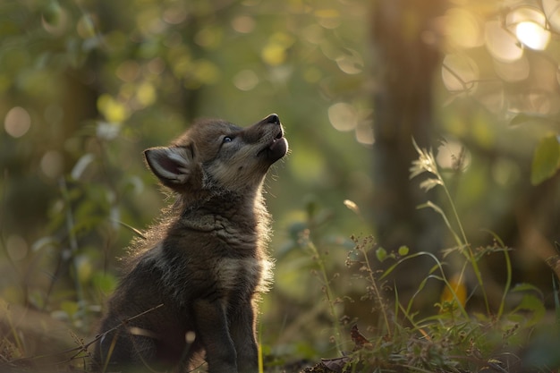 An enchanting moment frozen in time as a wolf pup generative ai